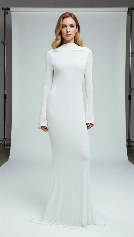 Joachim White Backless Long Sleeve Maxi Gown | Elegant Bridal & Formal Dress