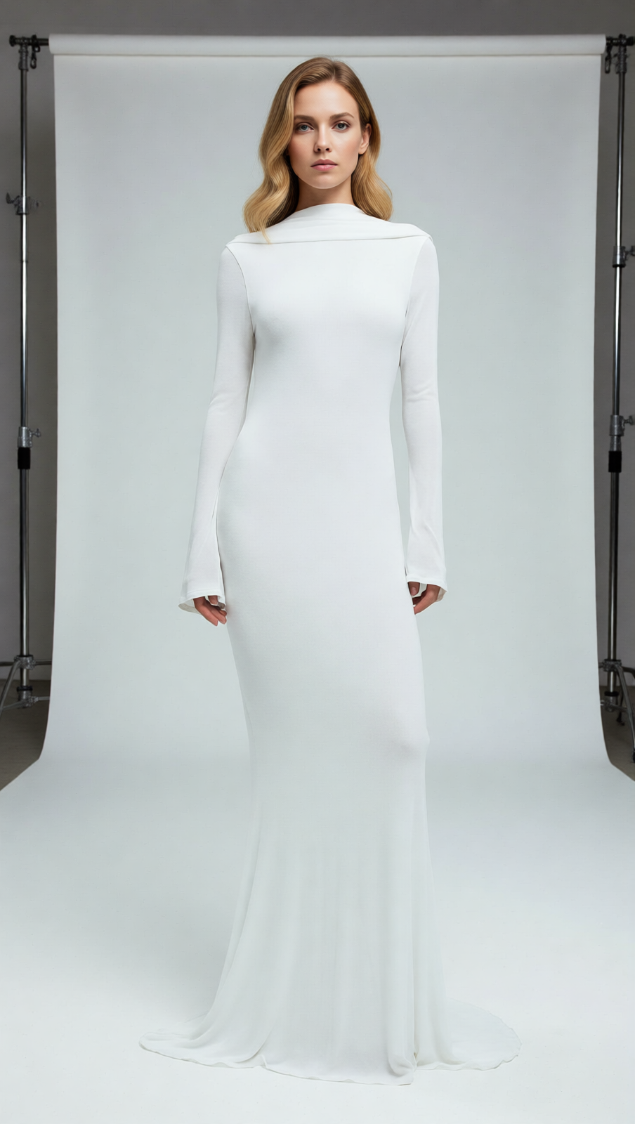 Joachim White Backless Long Sleeve Maxi Gown | Elegant Bridal & Formal Dress