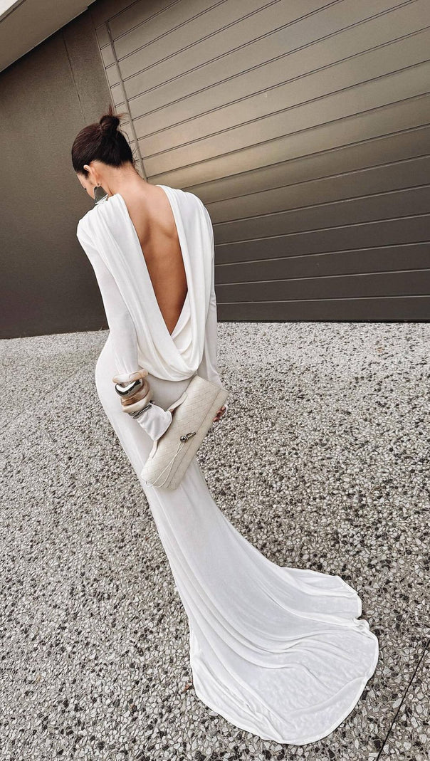 AIIZIE Joachim White Backless Long Sleeve Maxi Gown | Elegant Bridal & Formal Dress - product image