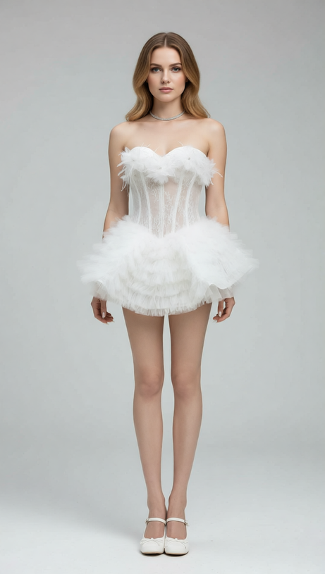Joan White Strapless Floral Corset Mini Dress | Ruffle Tulle Party Dress