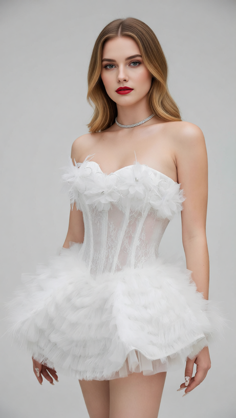 Joan White Strapless Floral Corset Mini Dress | Ruffle Tulle Party Dress