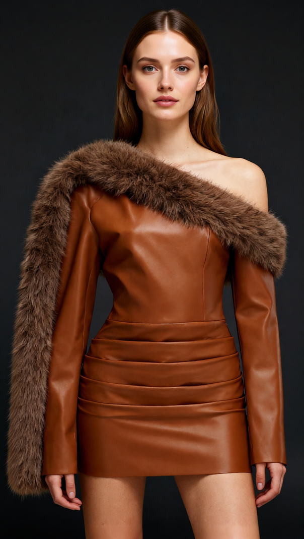 AIIZIE João Daring Faux Leather & Faux Fur Asymmetrical Mini Dress - product image