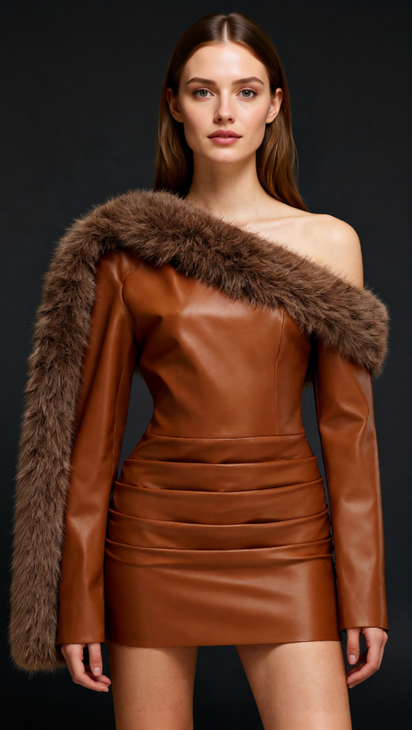 João Daring Faux Leather & Faux Fur Asymmetrical Mini Dress