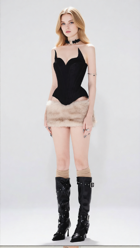 Jocelyn Edgy Corset Top & Faux Fur Mini Skirt Set - Gothic Chic