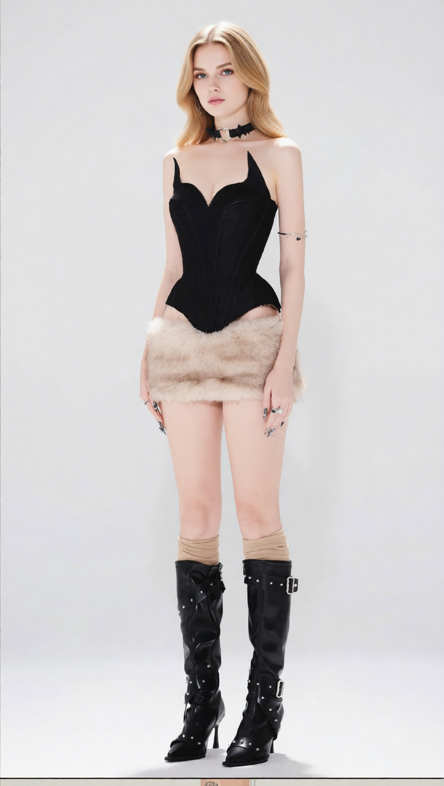 Jocelyn Edgy Corset Top & Faux Fur Mini Skirt Set - Gothic Chic