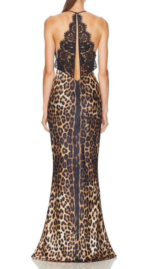 AIIZIE Joelle Halter Lace Leopard Maxi Dress | Glamorous Evening Gown for Women - product image