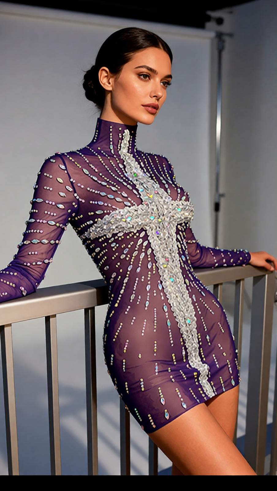 Joep Dazzling Diamante Mesh Mini Dress - Long Sleeve Sheer Sparkle Party Dress for Women