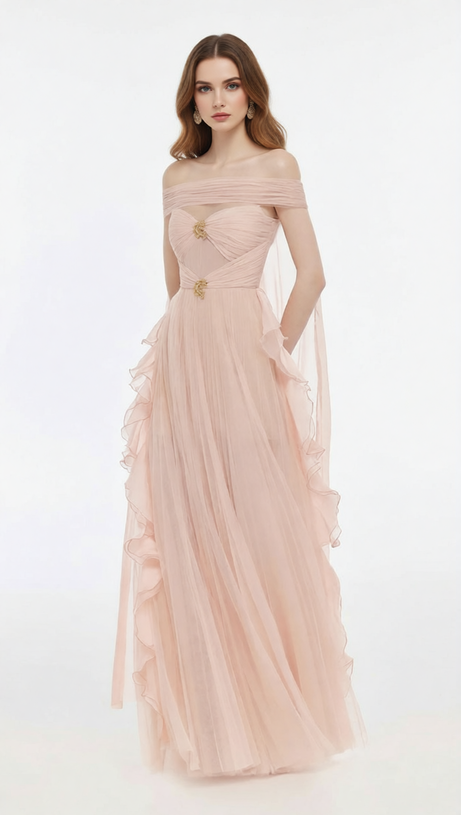 Johanna Off-Shoulder Mesh Ruffle Maxi Gown - Elegant Blush Pink Formal AIIZIE Johanna Off-Shoulder Mesh Ruffle Maxi Gown - Elegant Blush Pink Formal AIIZIE