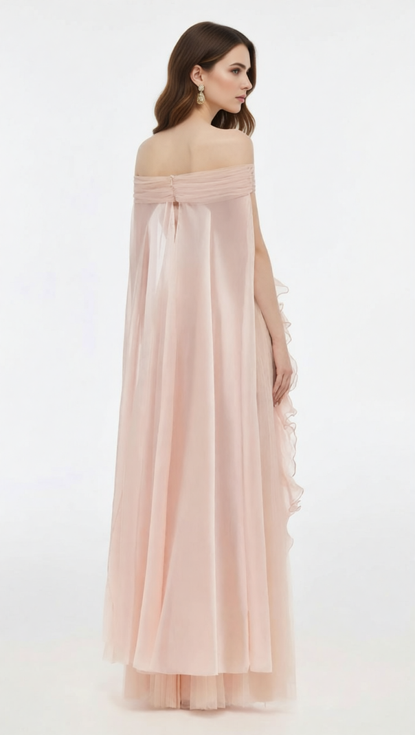 AIIZIE Johanna Off-Shoulder Mesh Ruffle Maxi Gown - Elegant Blush Pink Formal Dress - product image