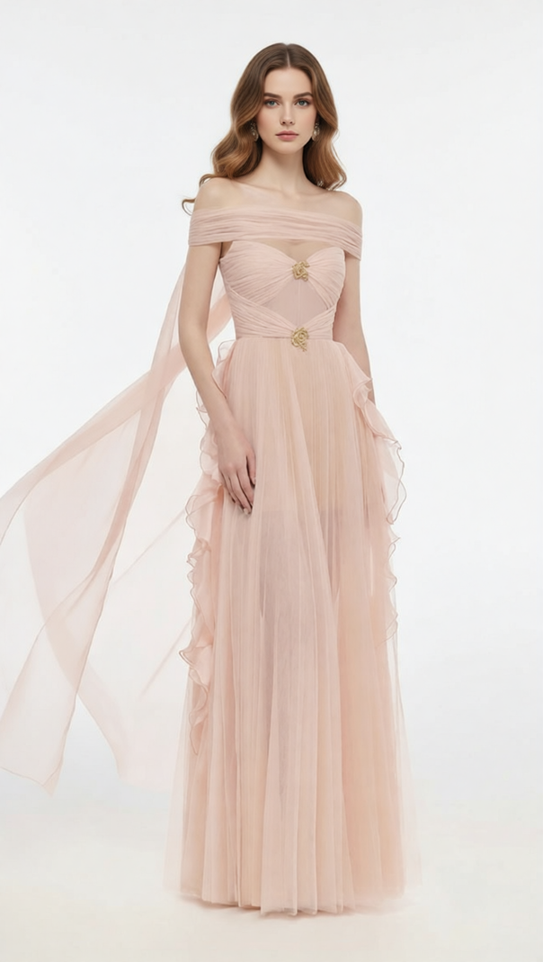 AIIZIE Johanna Off-Shoulder Mesh Ruffle Maxi Gown - Elegant Blush Pink Formal Dress - product image