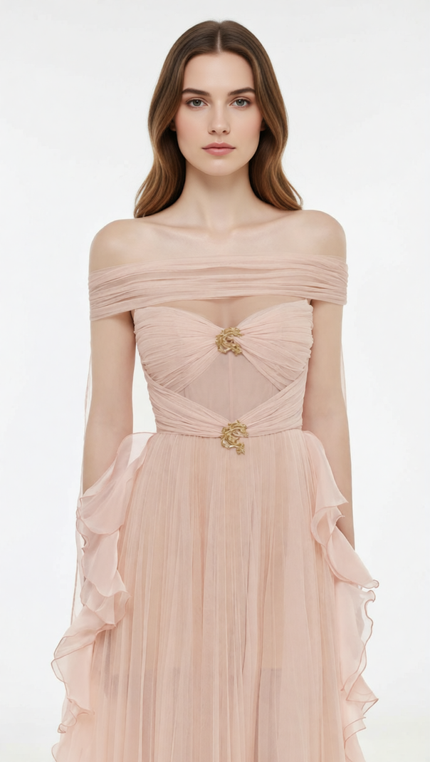 AIIZIE Johanna Off-Shoulder Mesh Ruffle Maxi Gown - Elegant Blush Pink Formal Dress - product image