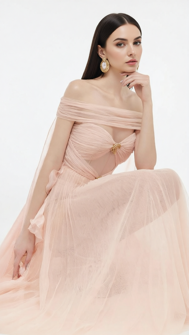 AIIZIE Johanna Off-Shoulder Mesh Ruffle Maxi Gown - Elegant Blush Pink Formal Dress - product image