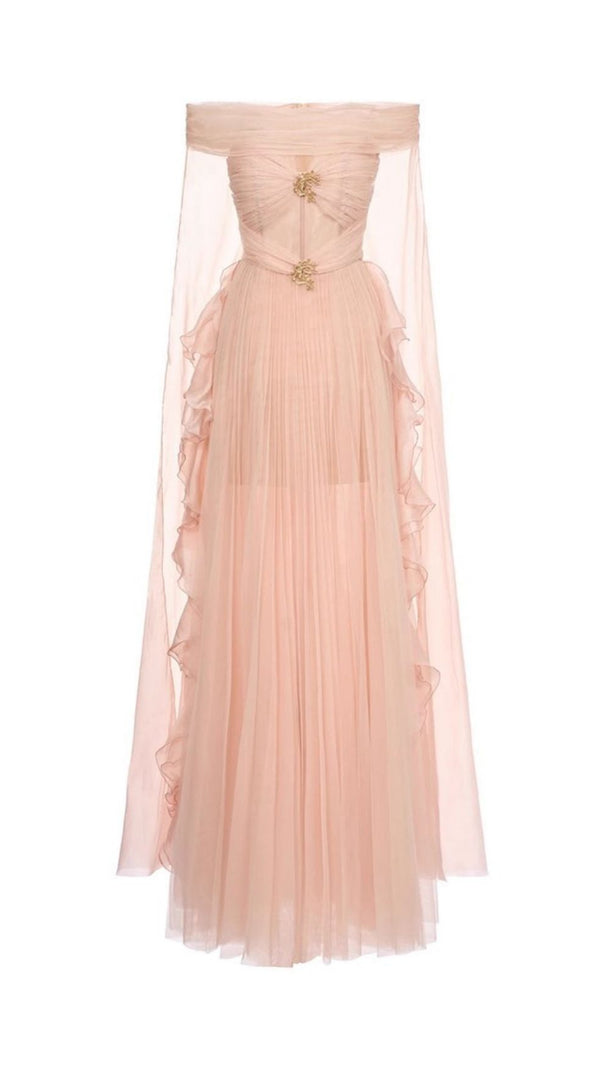 AIIZIE Johanna Off-Shoulder Mesh Ruffle Maxi Gown - Elegant Blush Pink Formal Dress - product image