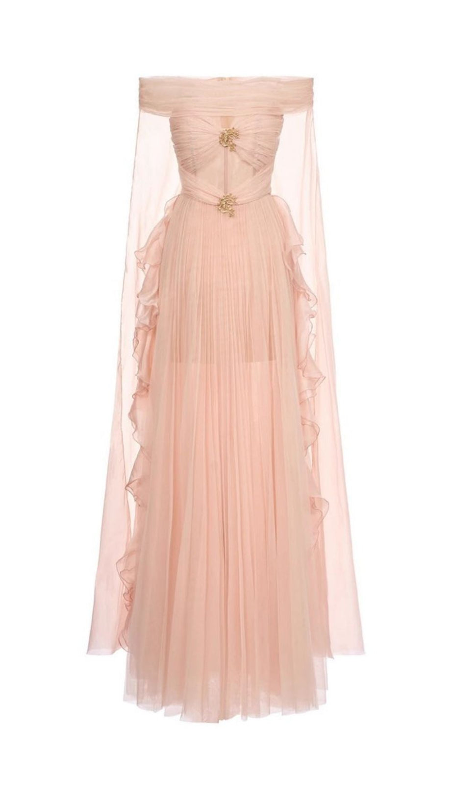 Johanna Off-Shoulder Mesh Ruffle Maxi Gown - Elegant Blush Pink Formal Dress