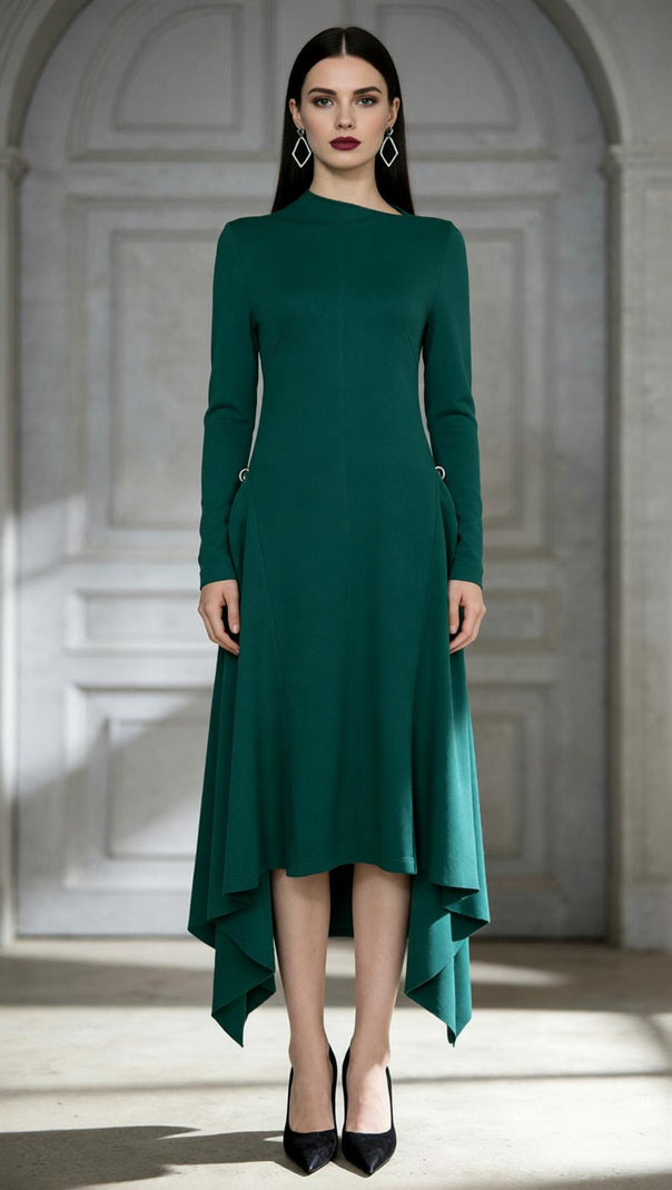 AIIZIE Johnna Emerald Green Asymmetrical Midi Dress - Long Sleeve Sophistication - product image