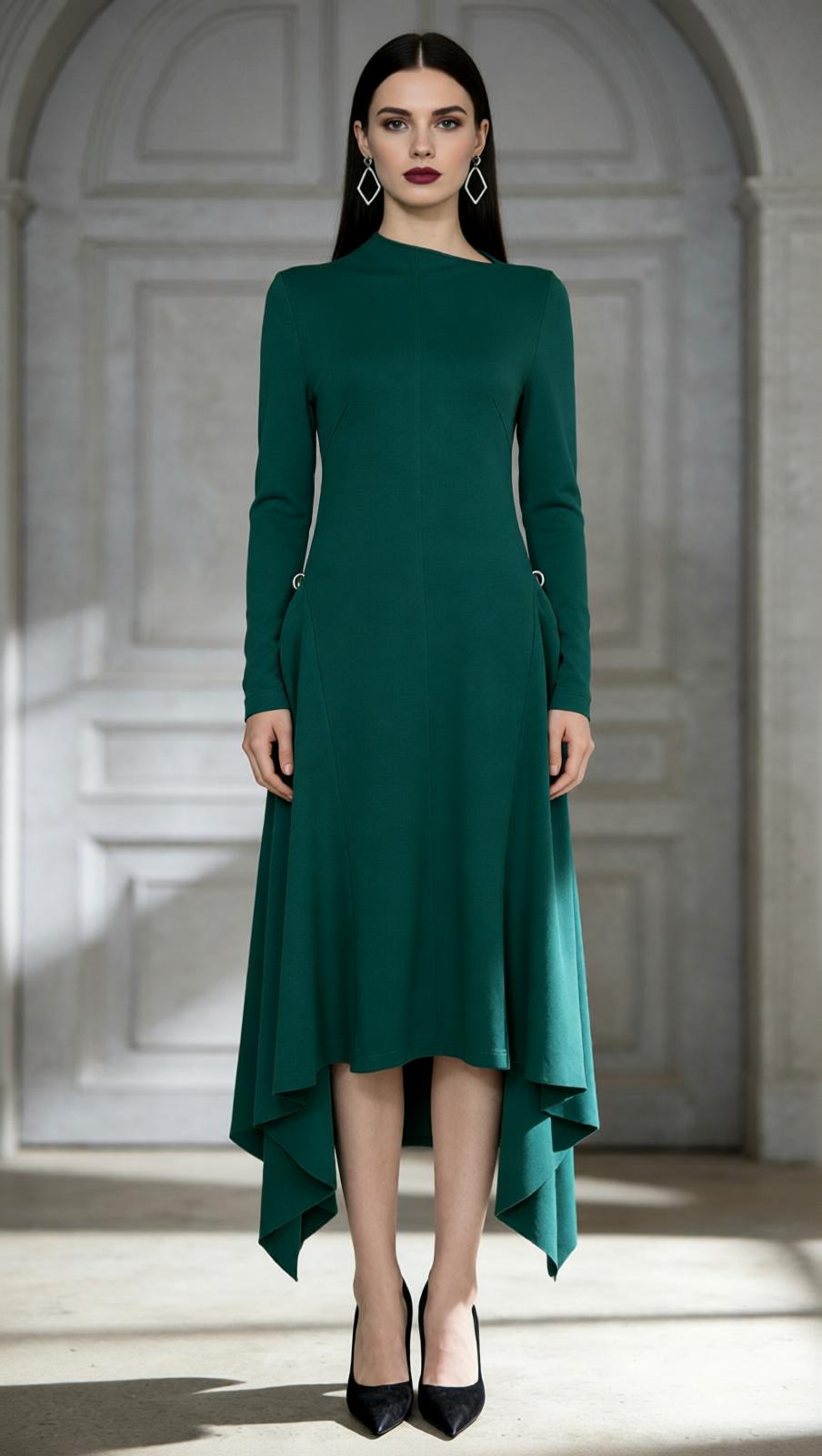 Johnna Emerald Green Asymmetrical Midi Dress - Long Sleeve Sophistication