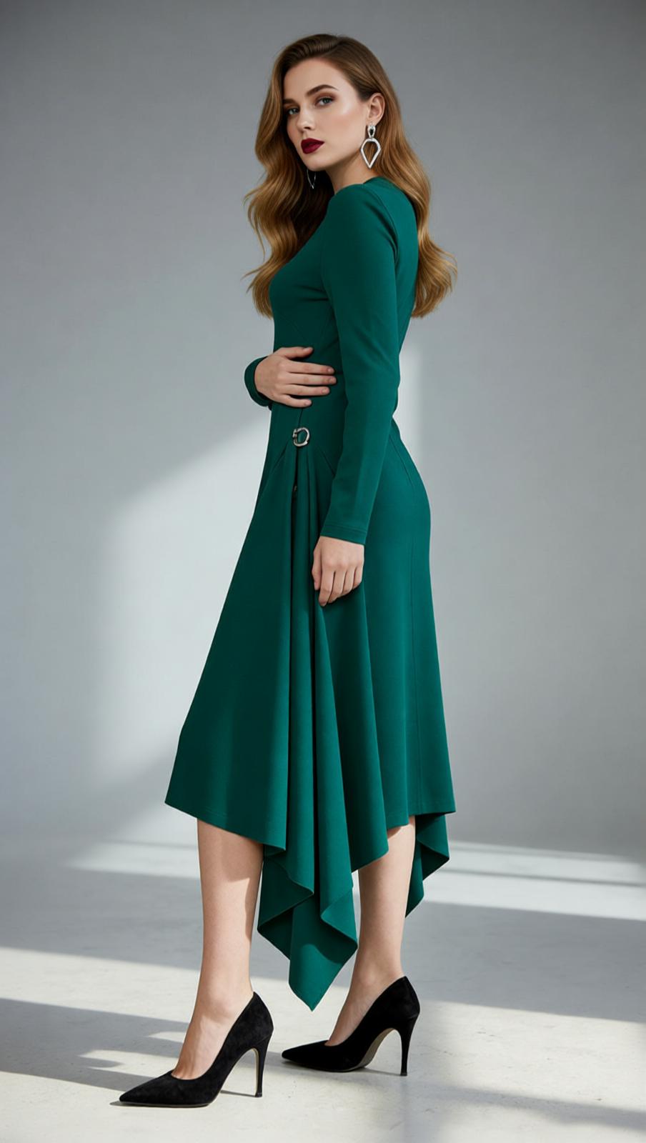 Johnna Emerald Green Asymmetrical Midi Dress - Long Sleeve Sophistication