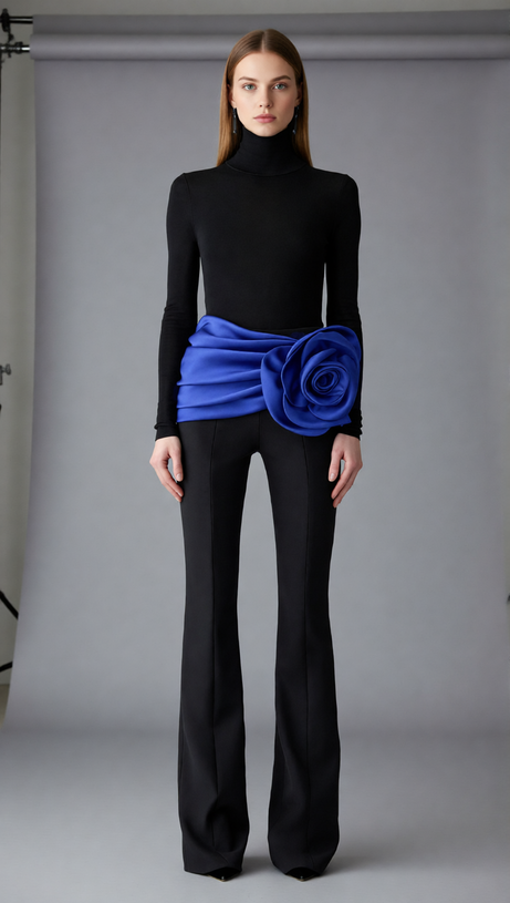 Joie Black 3-Piece Set: Bodysuit, Flare Pants & Vibrant Blue Floral Belt