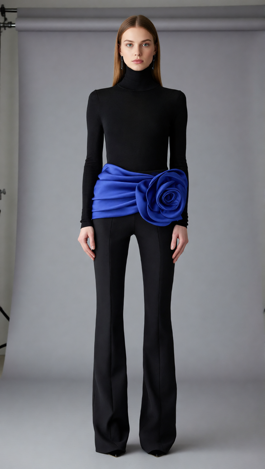 Joie Black 3-Piece Set: Bodysuit, Flare Pants & Vibrant Blue Floral Belt