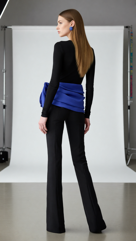 Joie Black 3-Piece Set: Bodysuit, Flare Pants & Vibrant Blue Floral Belt