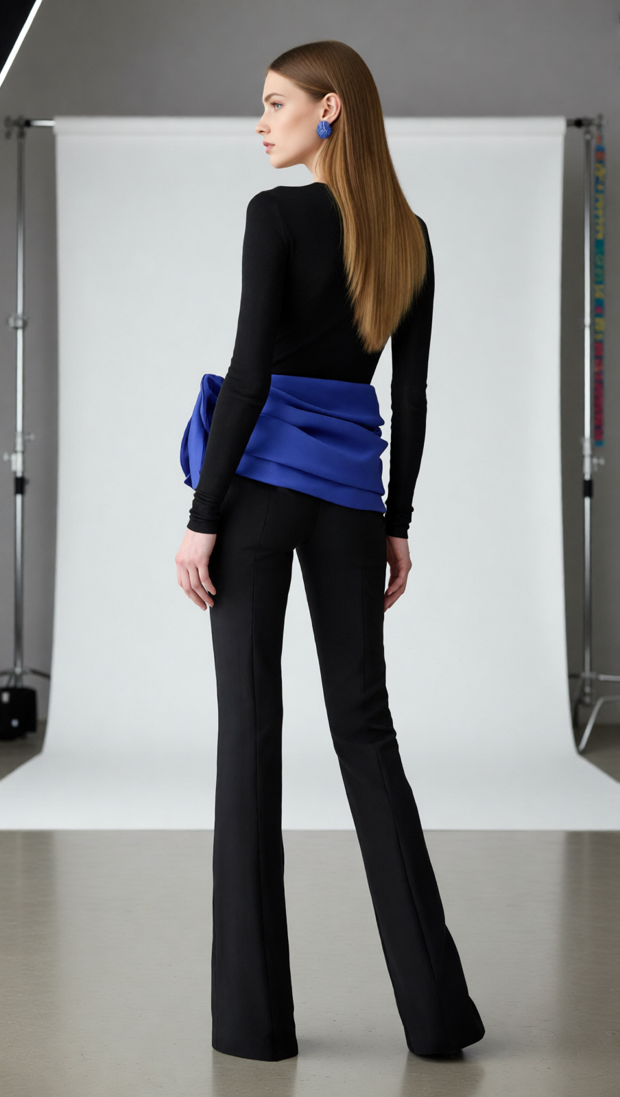 Joie Black 3-Piece Set: Bodysuit, Flare Pants & Vibrant Blue Floral Belt
