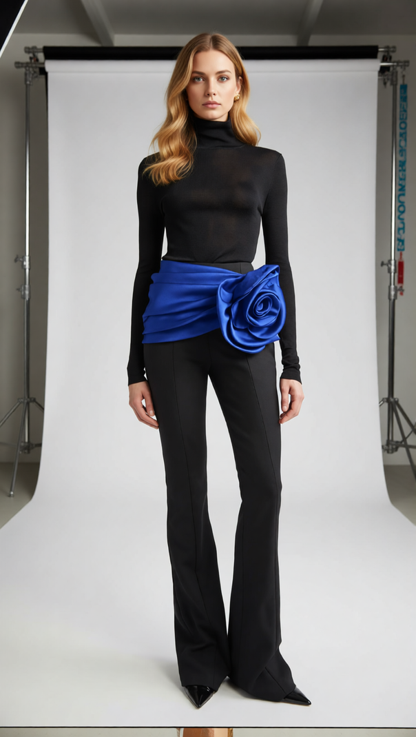Joie Black 3-Piece Set: Bodysuit, Flare Pants & Vibrant Blue Floral Belt