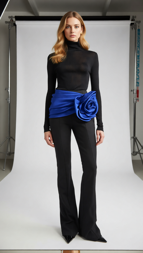 Joie Black 3-Piece Set: Bodysuit, Flare Pants & Vibrant Blue Floral Belt