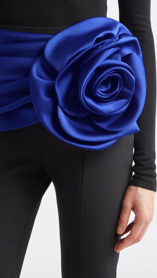 Joie Black 3-Piece Set: Bodysuit, Flare Pants & Vibrant Blue Floral Belt