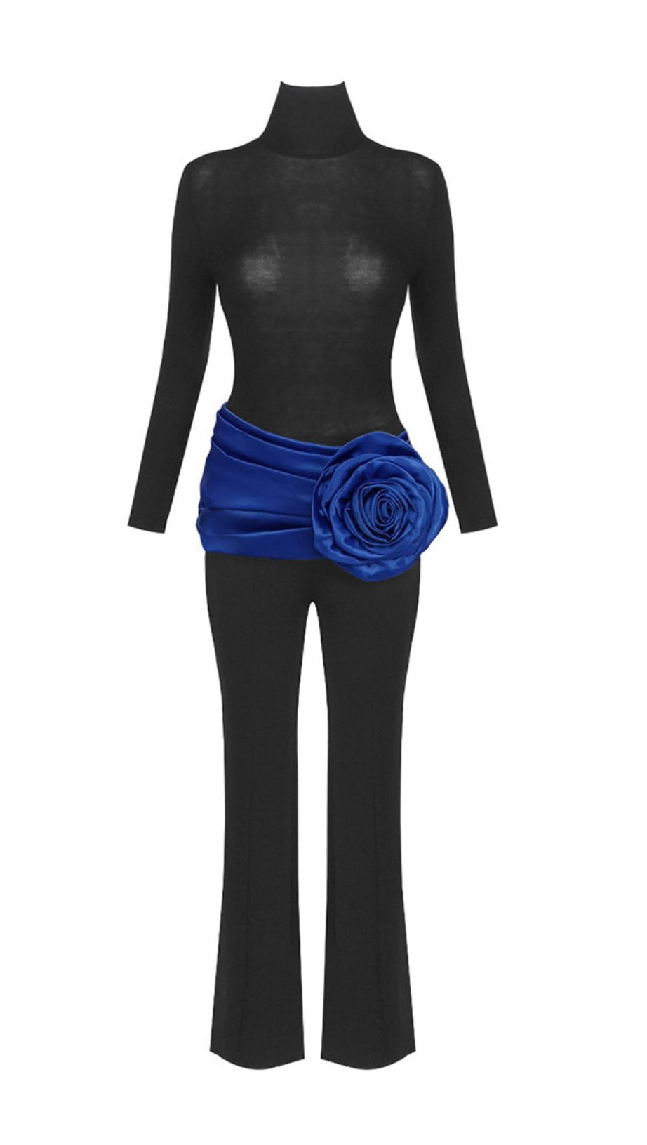 Joie Black 3-Piece Set: Bodysuit, Flare Pants & Vibrant Blue Floral Belt