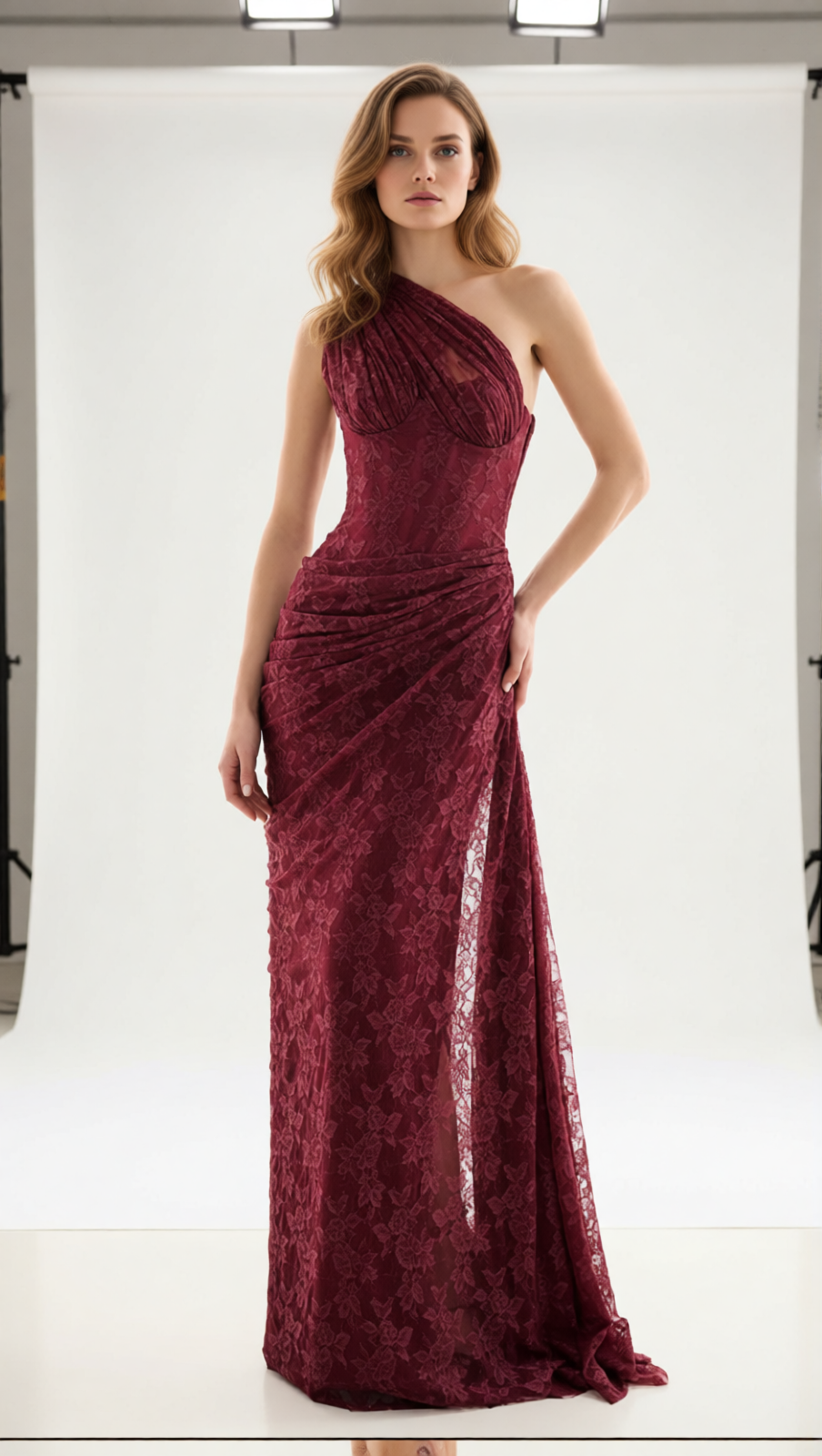 JoJo Wine Lace One-Shoulder Corset Maxi Dress - Elegant Evening Gown