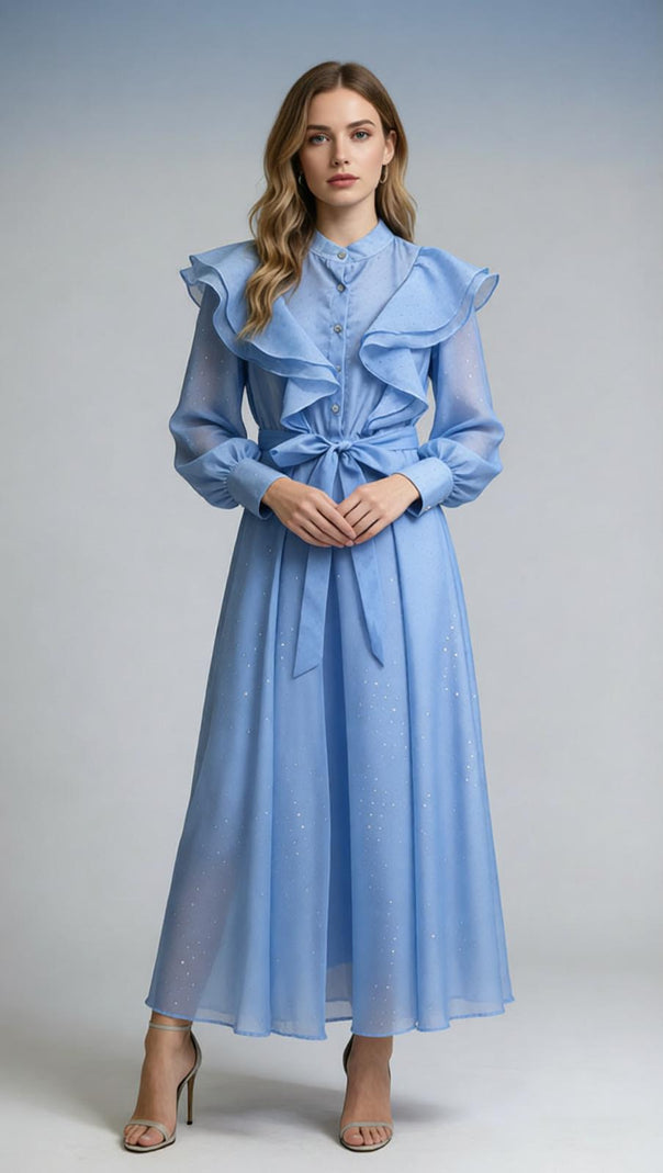 AIIZIE Jolanda Sparkle Ruffle Maxi Dress - Elegant Long Sleeve Gown - product image