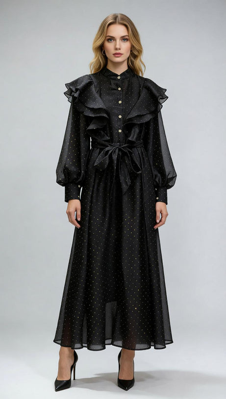 Jolanda Sparkle Ruffle Maxi Dress - Elegant Long Sleeve Gown