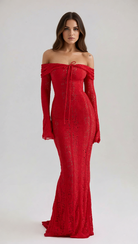 Jolene Red Lace Off-Shoulder Maxi Dress - Long Sleeve Evening Gown