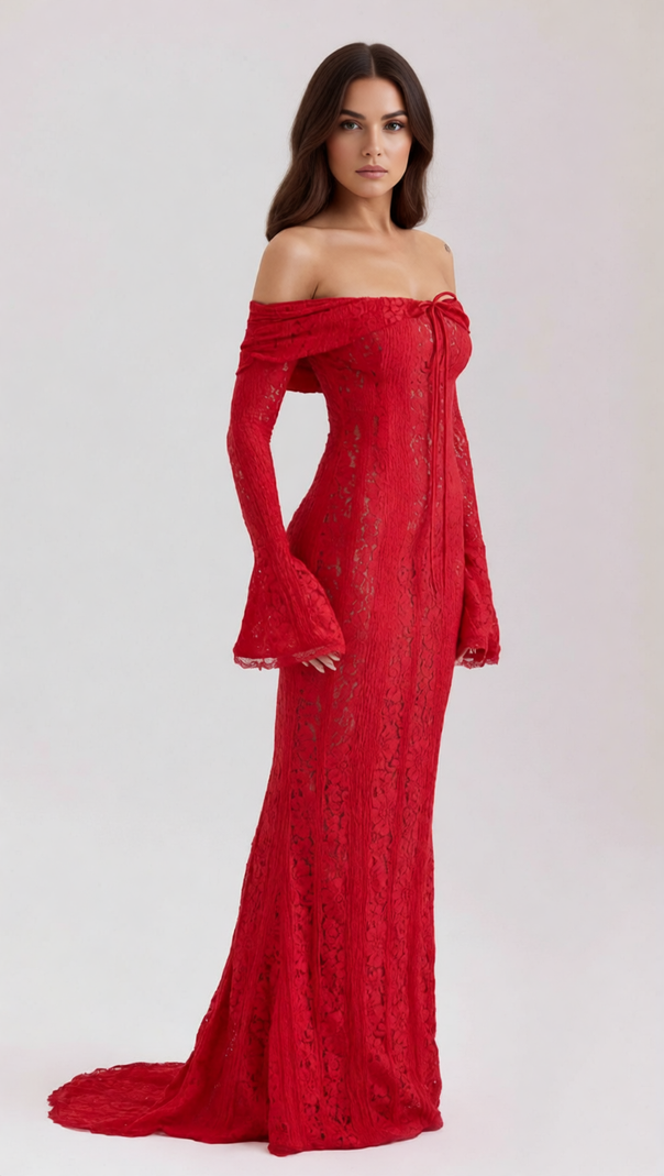 AIIZIE Jolene Red Lace Off-Shoulder Maxi Dress - Long Sleeve Evening Gown - product image