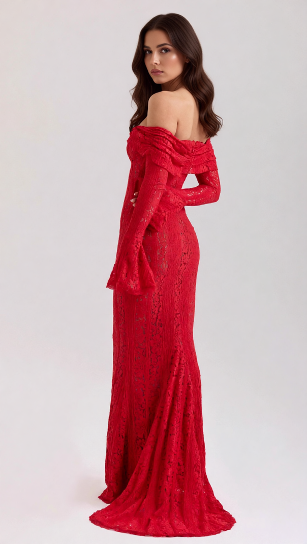AIIZIE Jolene Red Lace Off-Shoulder Maxi Dress - Long Sleeve Evening Gown - product image
