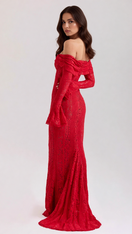 Jolene Red Lace Off-Shoulder Maxi Dress - Long Sleeve Evening Gown