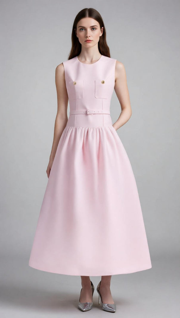 AIIZIE Chic Jonatha Pink Midi Dress | Belted Elegance & Gold Accents - product image