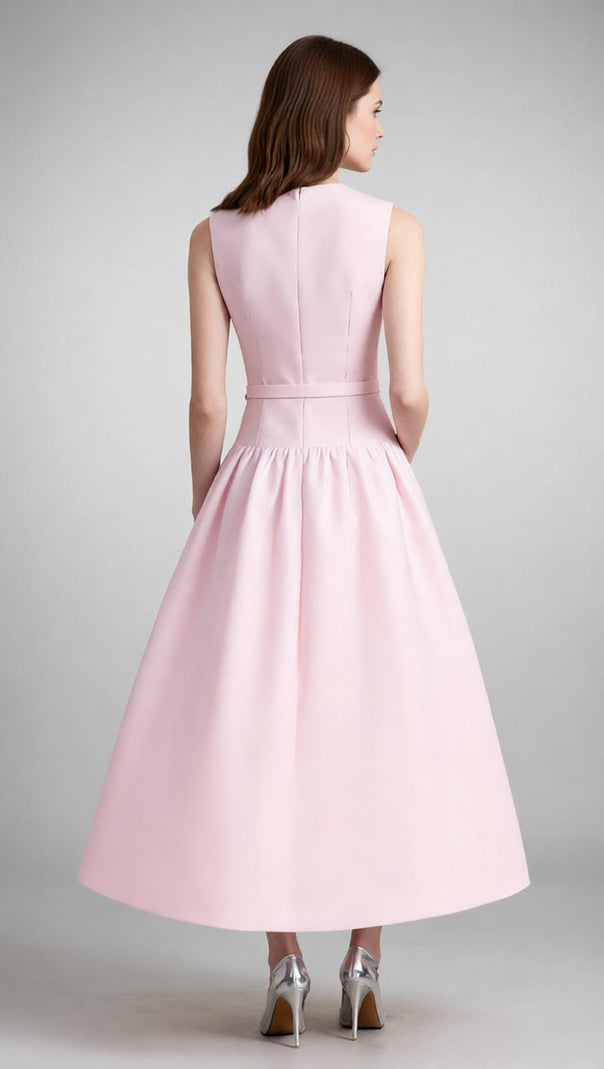 AIIZIE Chic Jonatha Pink Midi Dress | Belted Elegance & Gold Accents - product image