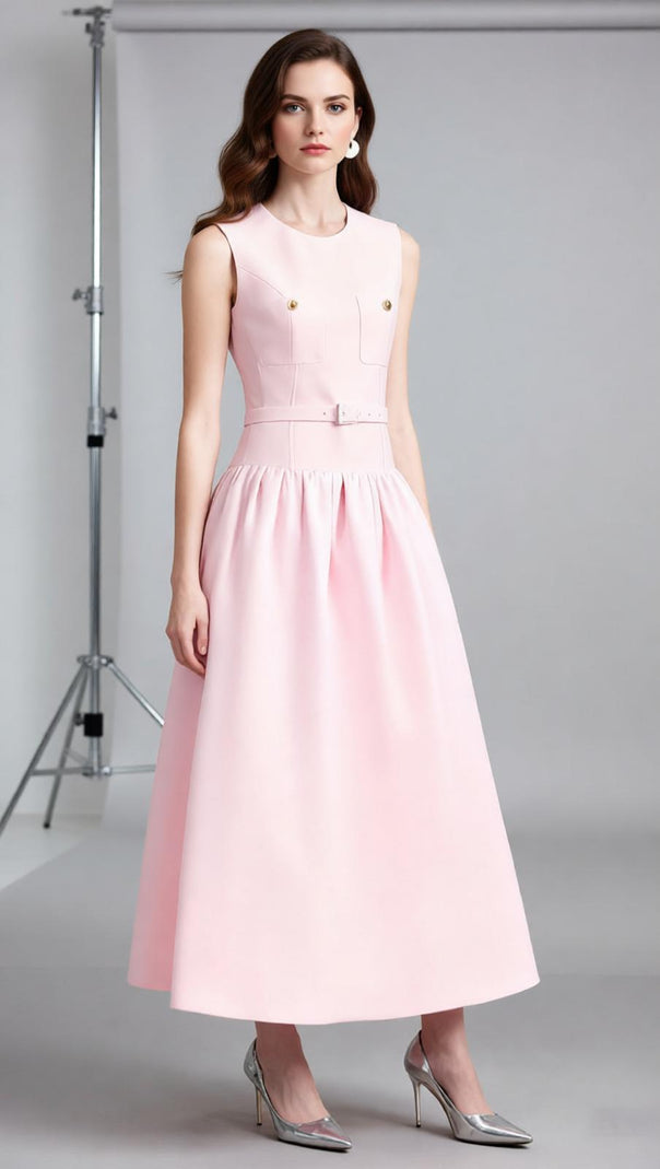 AIIZIE Chic Jonatha Pink Midi Dress | Belted Elegance & Gold Accents - product image