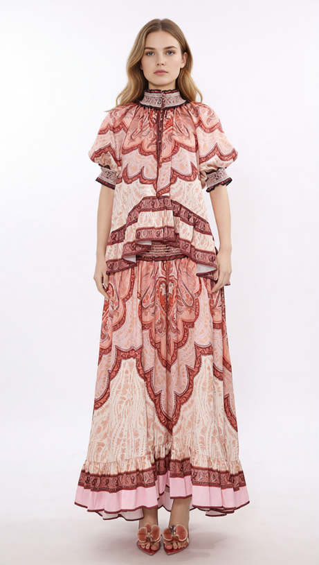 Jono Bohemian Paisley Printed Two-Piece Maxi Set for Women