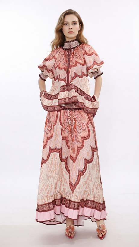Jono Bohemian Paisley Printed Two-Piece Maxi Set for Women