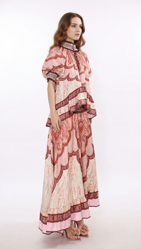 Jono Bohemian Paisley Printed Two-Piece Maxi Set for Women