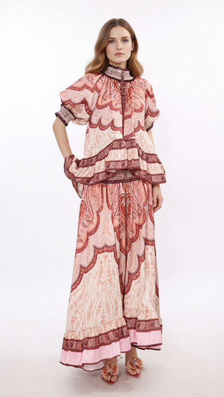 Jono Bohemian Paisley Printed Two-Piece Maxi Set for Women