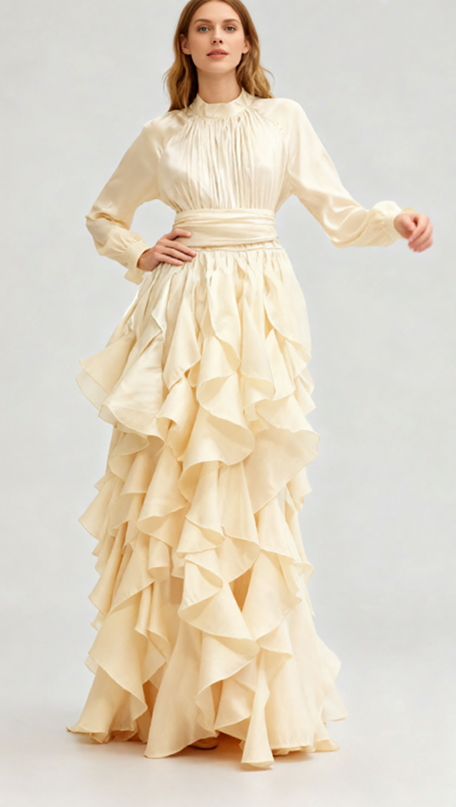 Joop Romantic Ruffle Maxi Dress - Elegant Long Sleeve Gown