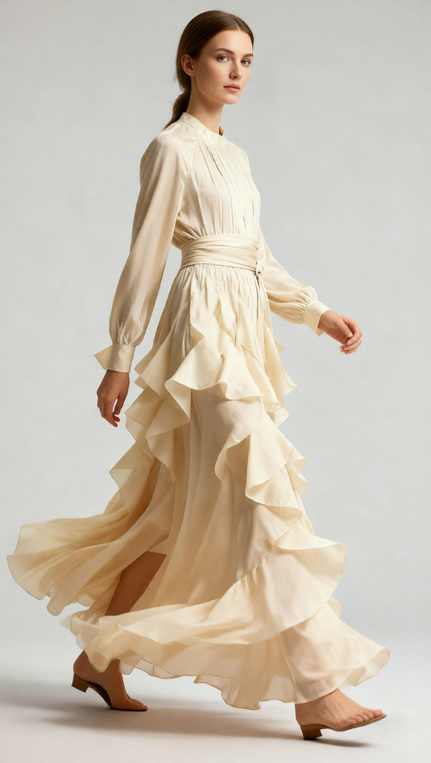 Joop Romantic Ruffle Maxi Dress - Elegant Long Sleeve Gown