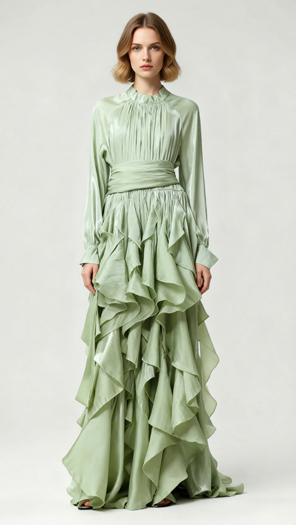 Joop Romantic Ruffle Maxi Dress - Elegant Long Sleeve Gown