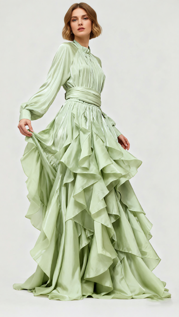 Joop Romantic Ruffle Maxi Dress - Elegant Long Sleeve Gown