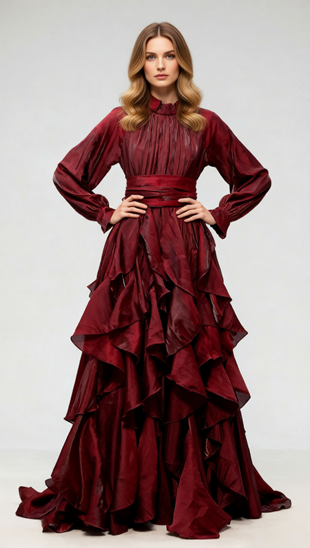 Joop Romantic Ruffle Maxi Dress - Elegant Long Sleeve Gown