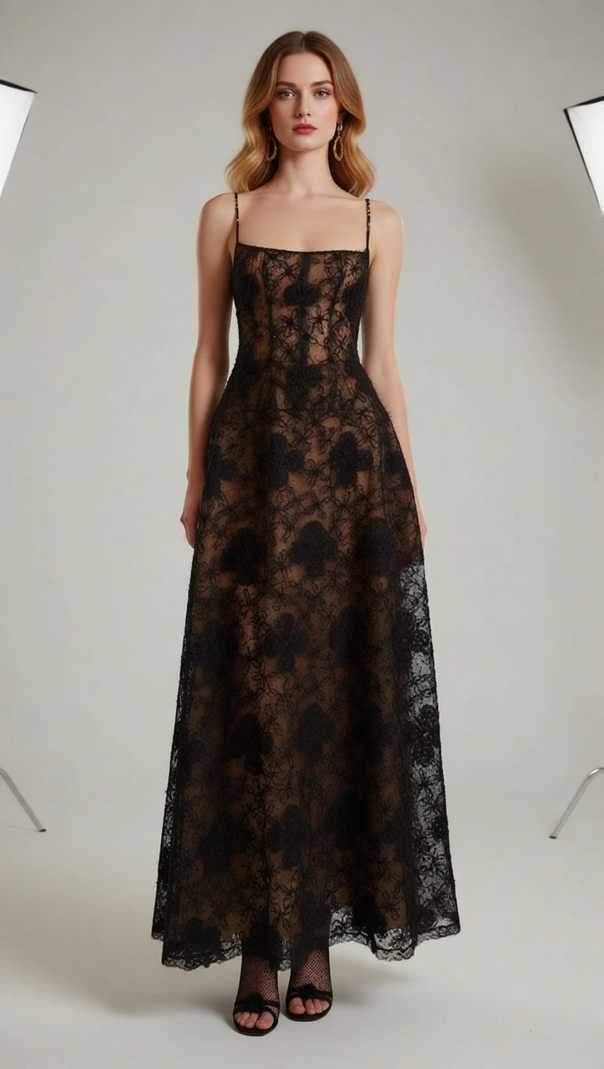 AIIZIE Jora Black Plush Floral Maxi Gown | Opulent Evening & Gala Dress for Women - product image