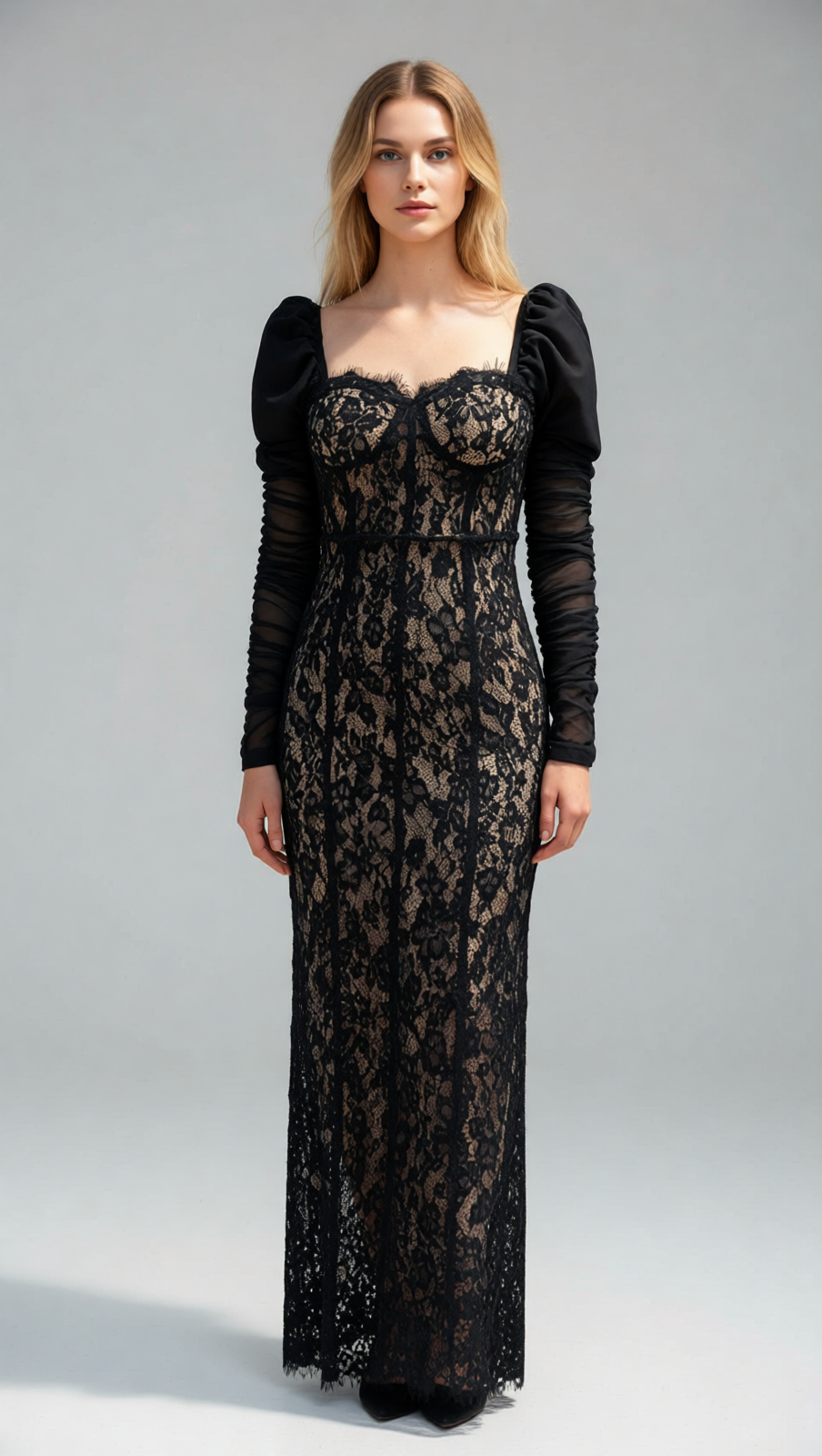 Jordane Black Lace Long Sleeve Maxi Dress - Elegant Evening Gown for Women